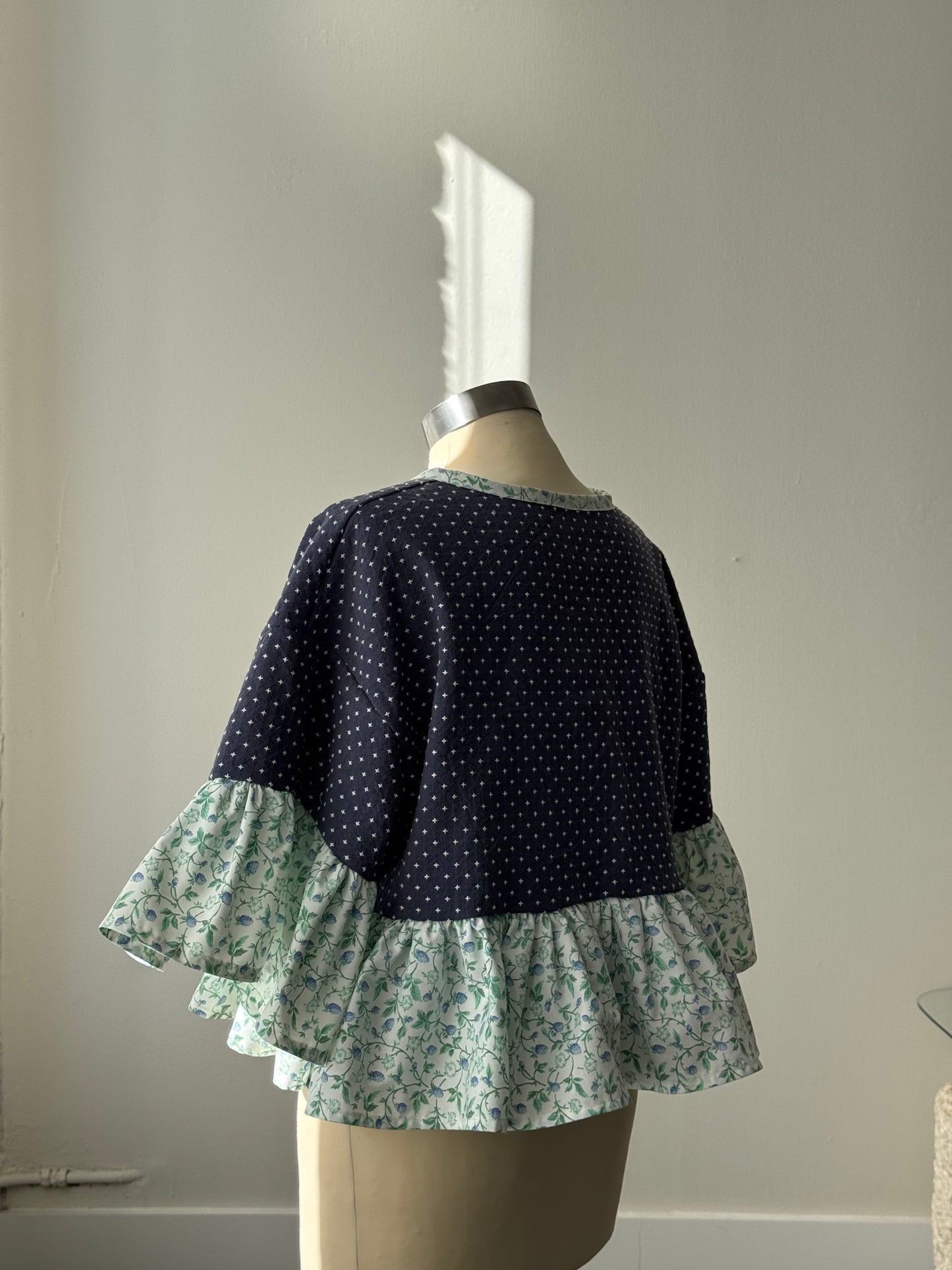 Brenda Vintage Cotton Handcrafted Ruffle Top In Navy