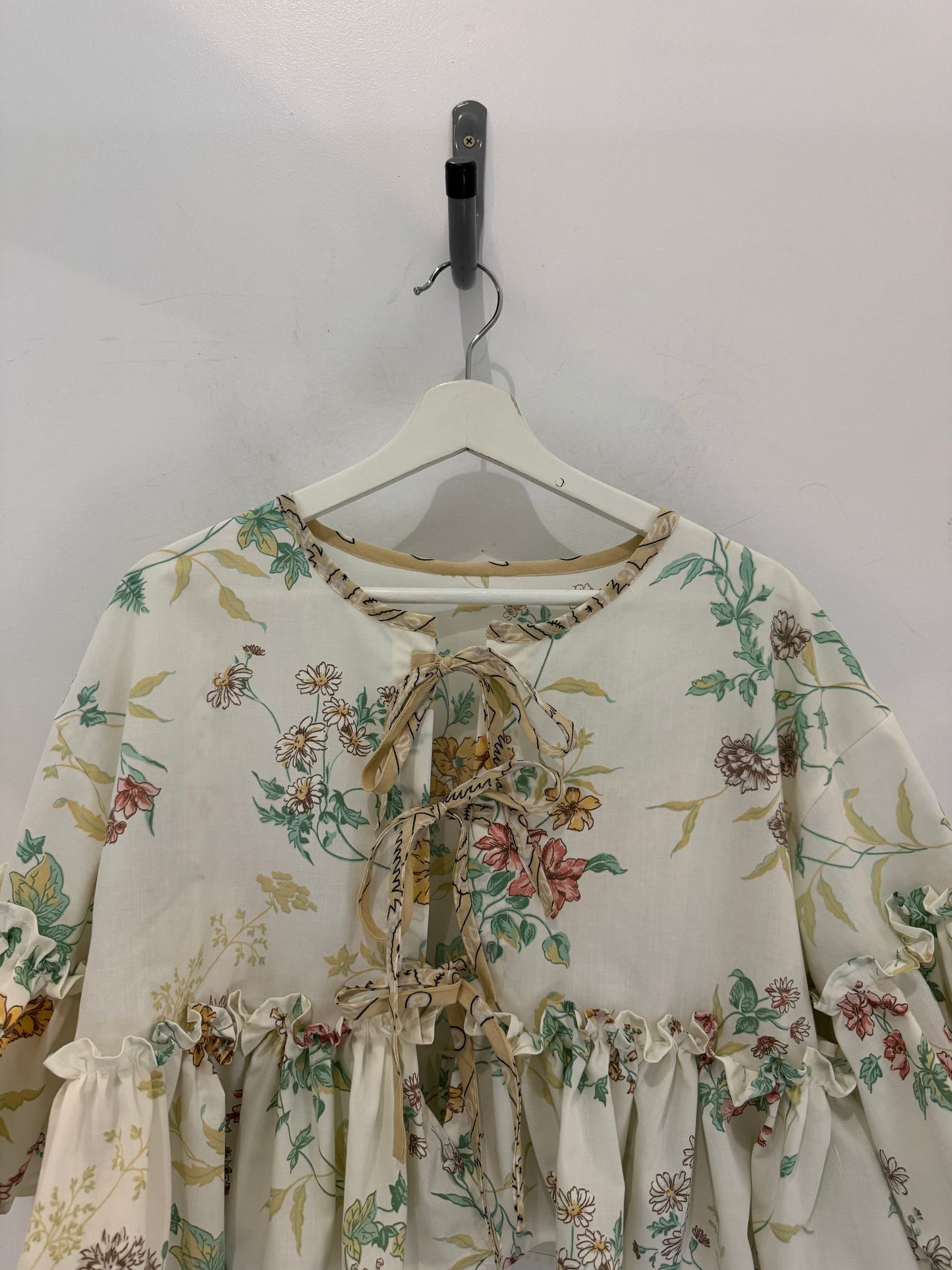 Joycie Vintage Cotton Handcrafted Floral Ruffle Tie Top