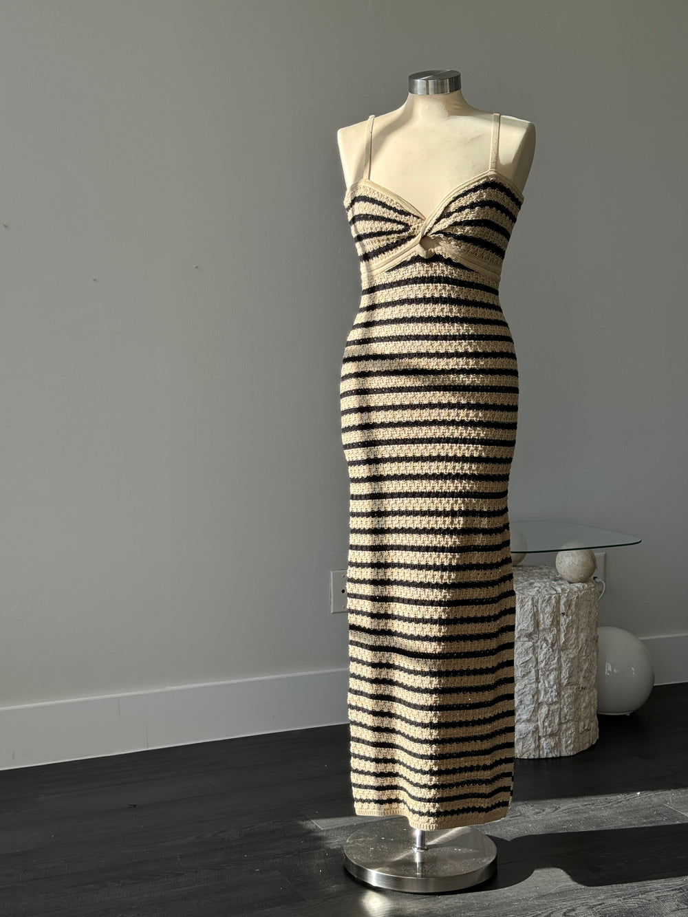 Hanna Cotton Crochet Striped Maxi Dress In Black & Taupe