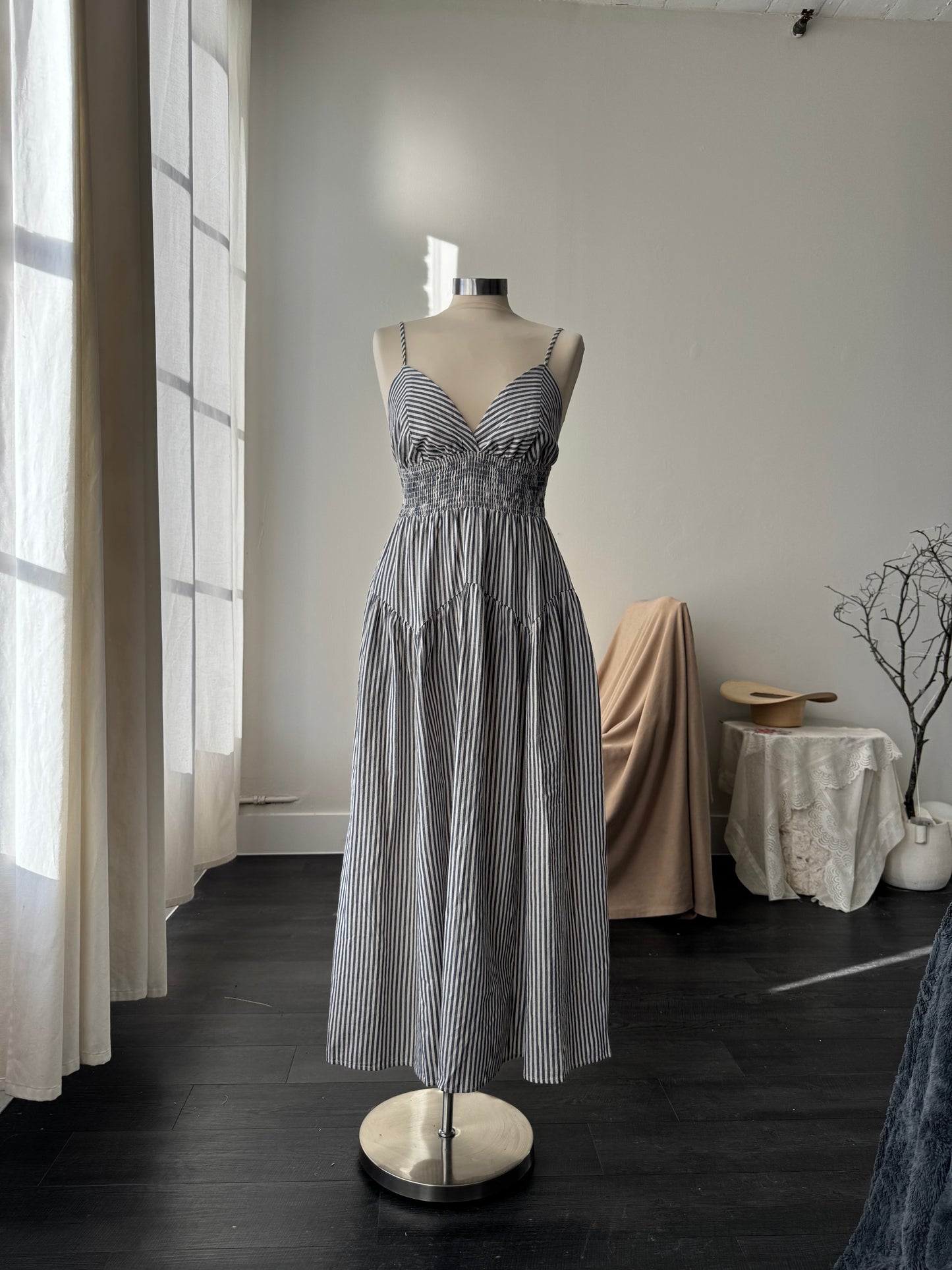 Cherie Cotton Striped Midi Dress In Midnight Navy