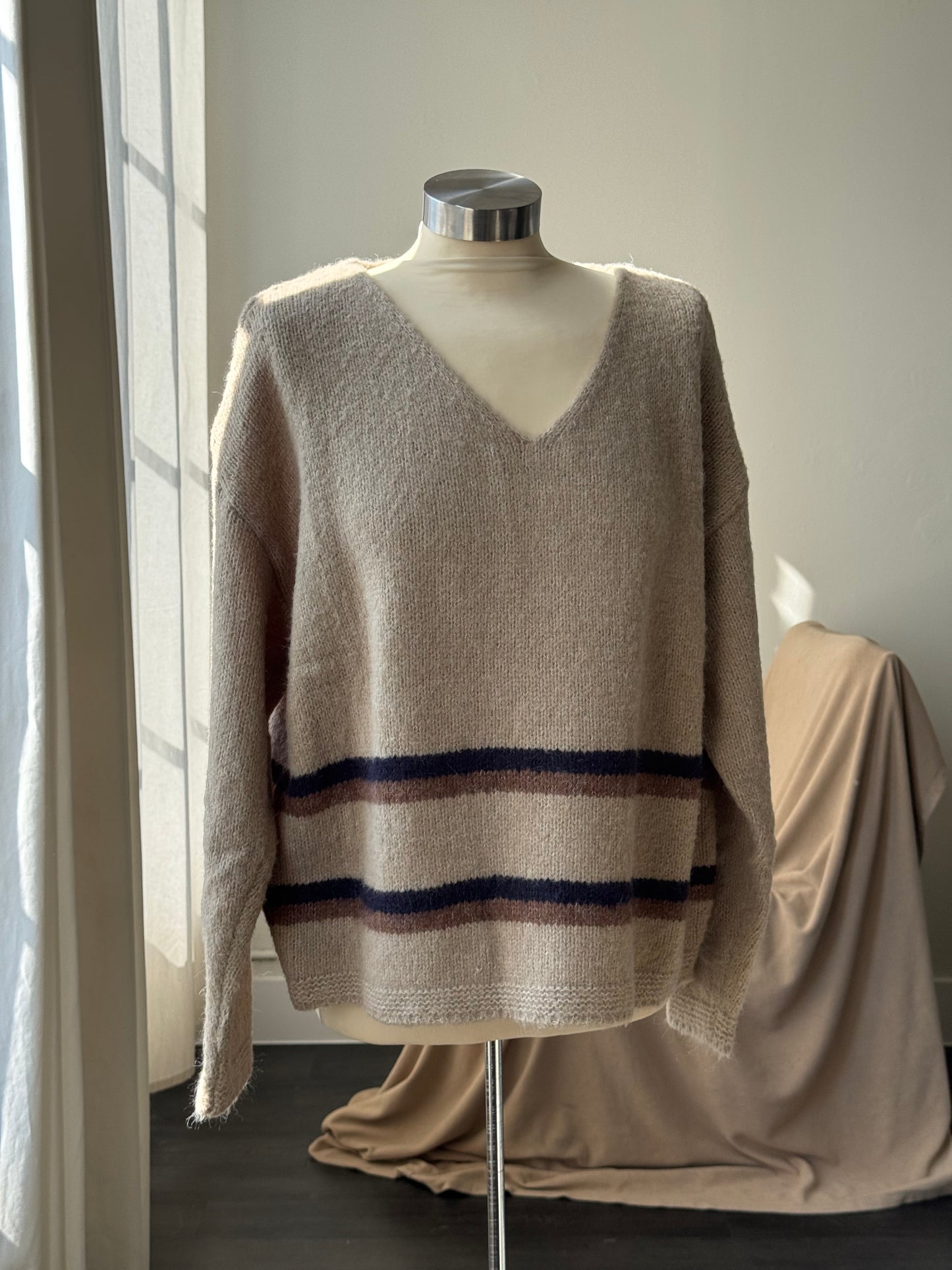 Nora V Neck Striped Pullover Sweater In Taupe￼￼