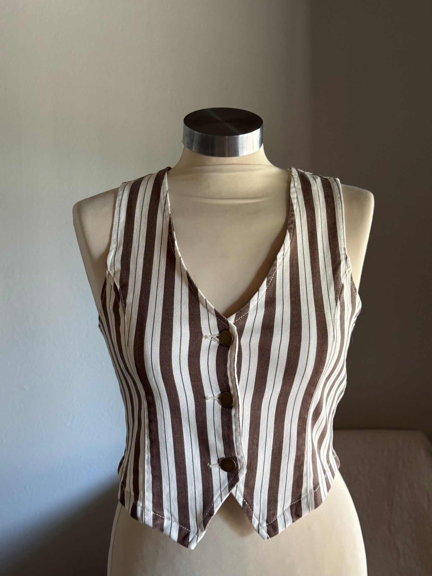 Clarice Classic Striped Button Front Vest In Chocolate