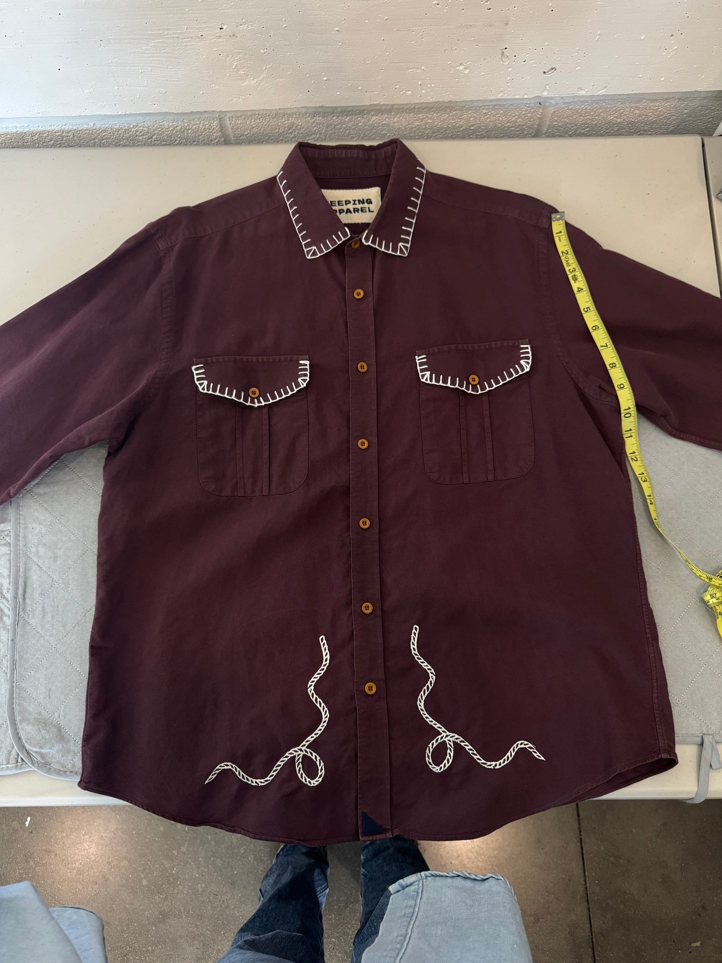 Michael Handcrafted Cowboy Blanket Stitch Embroidered Button Down In Red Brown