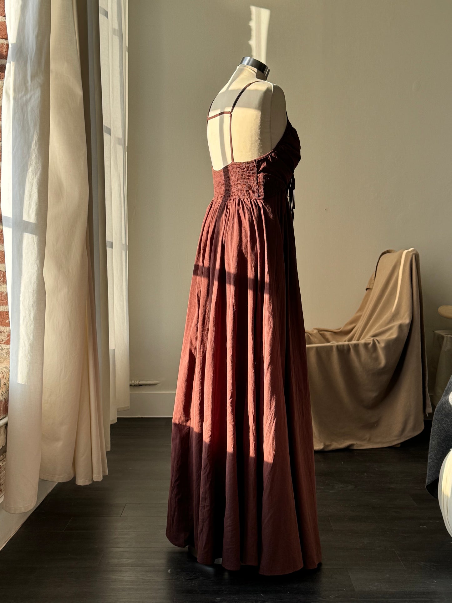 Camilla Cotton Open Back Maxi Dress In Chocolate Brown
