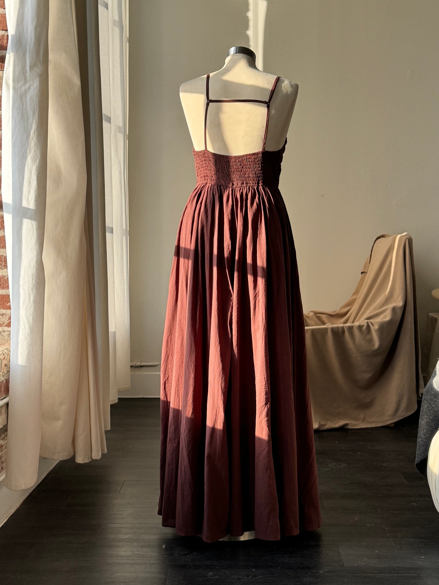 Camilla Cotton Open Back Maxi Dress In Chocolate Brown