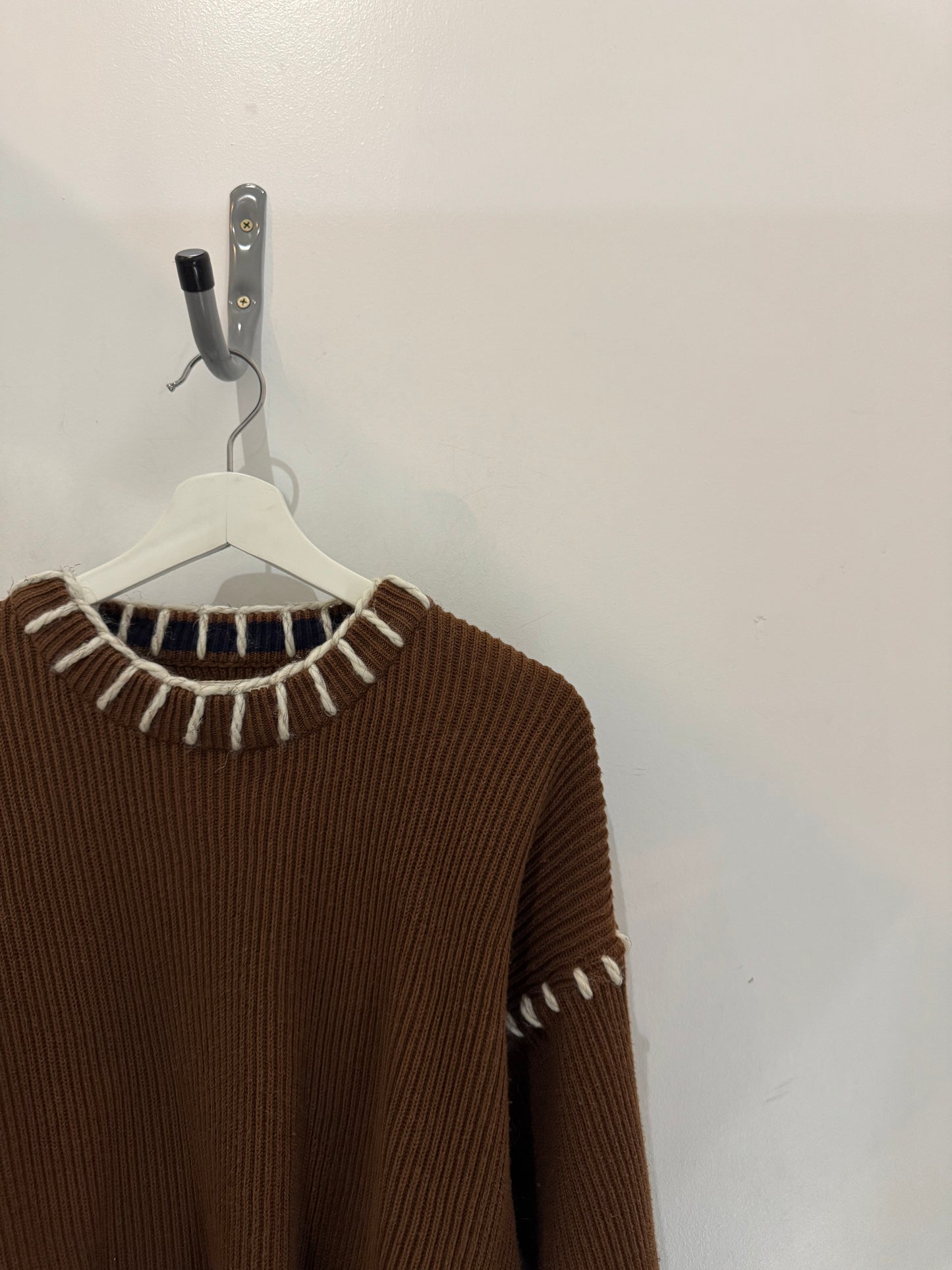 Sloppy Joe Handcrafted Cowboy Blanket Stitch Chunky Sweater In Brown