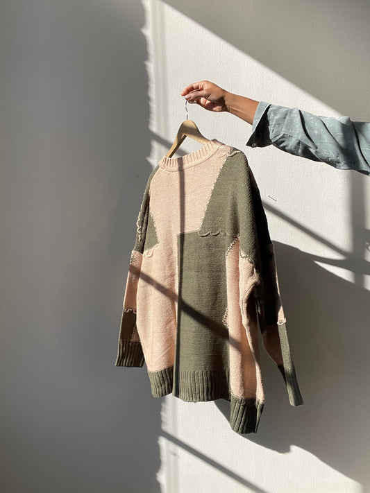 Nico Distressed Color Block Sweater In Taupe Olive