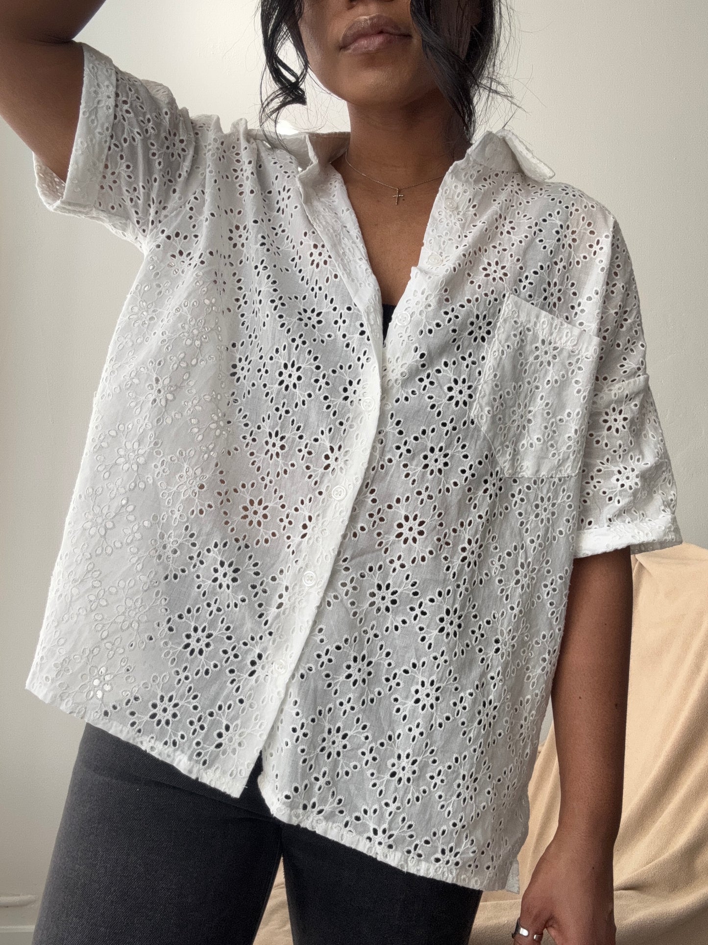 Courtney Cotton Eyelet Button Down Shirt In White