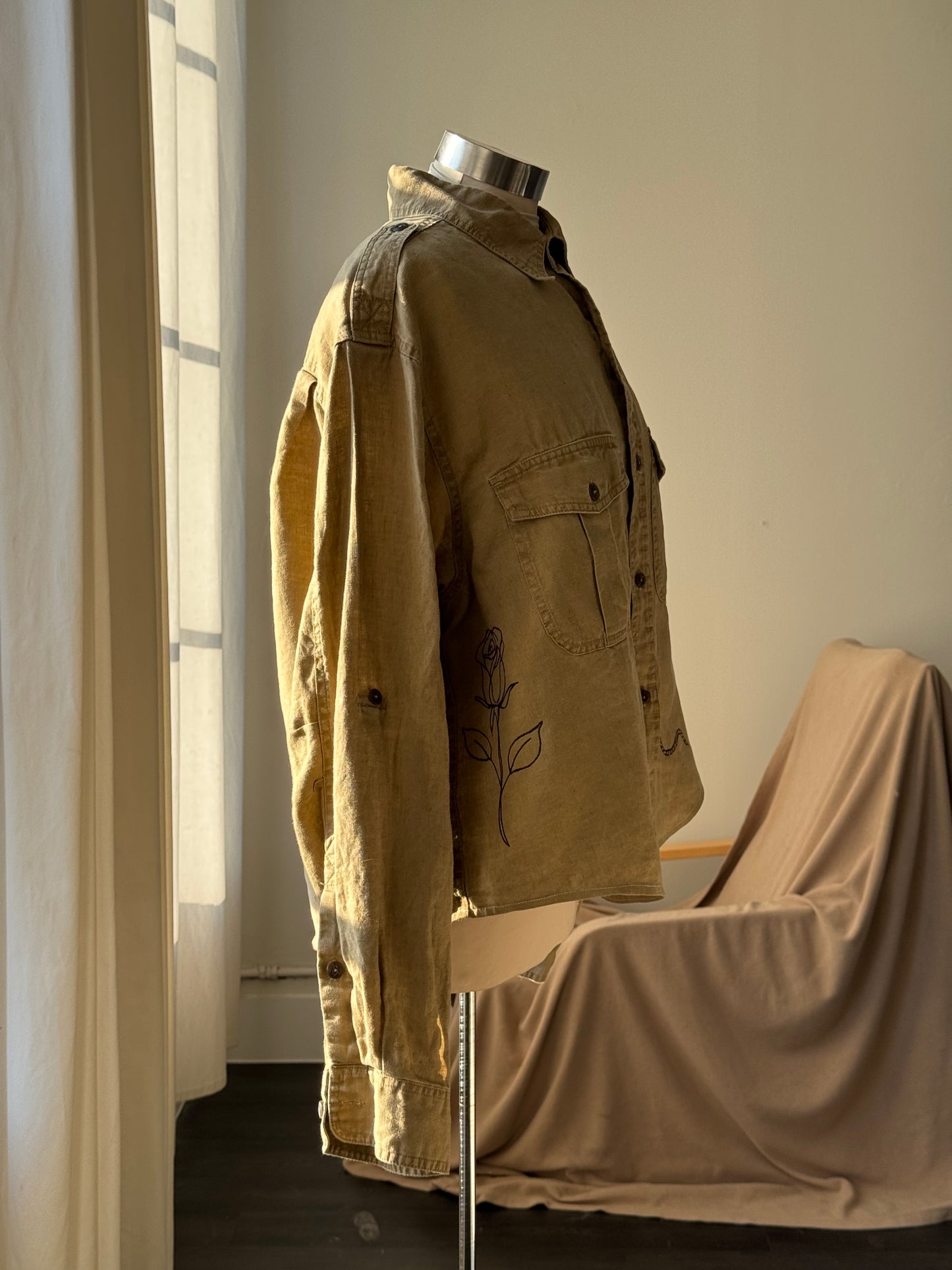 The Lawrence Handcrafted Utility Cropped Linen Button Down Shacket In Sand