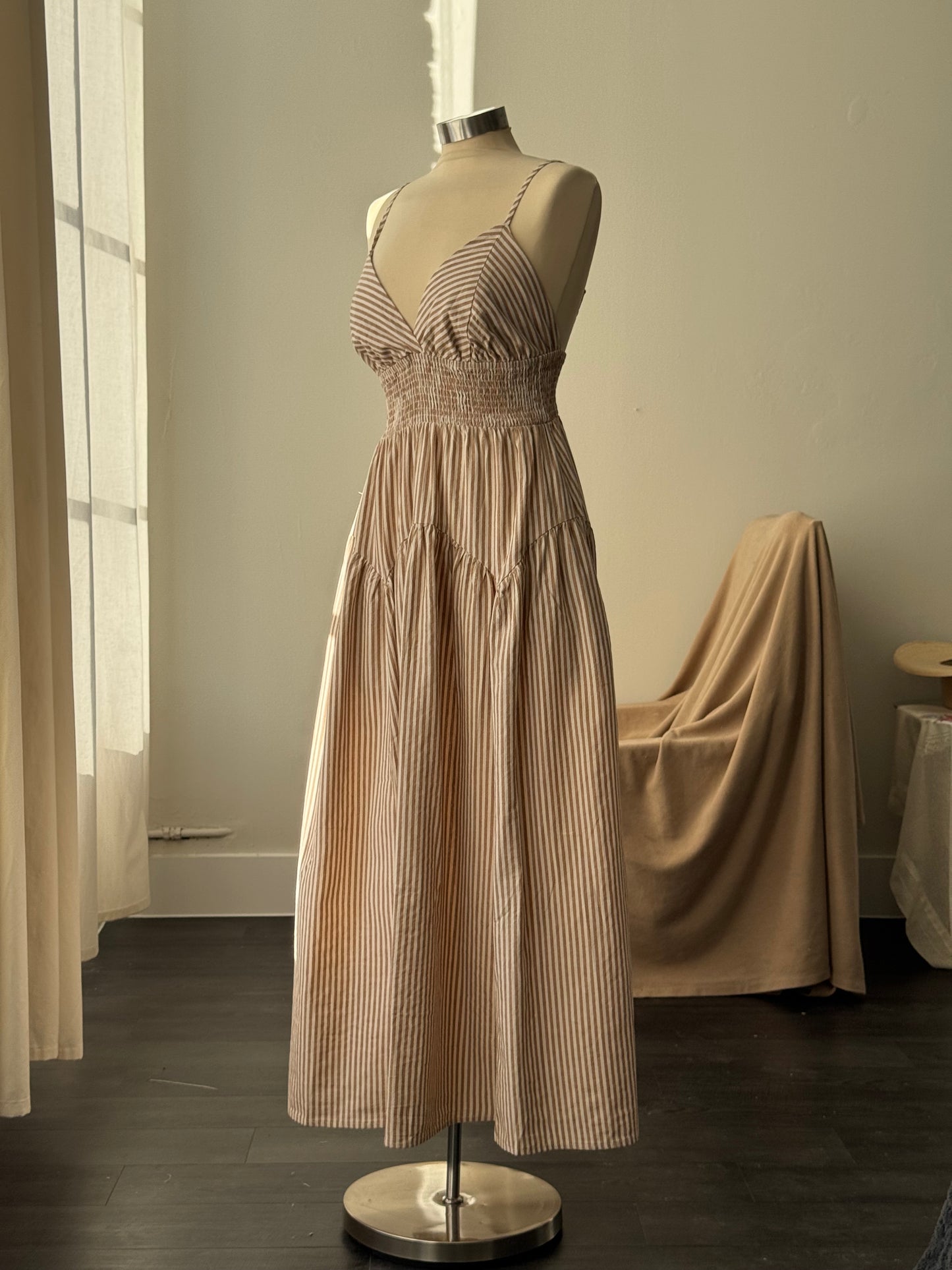 Cherie Cotton Striped Midi Dress In Mocha