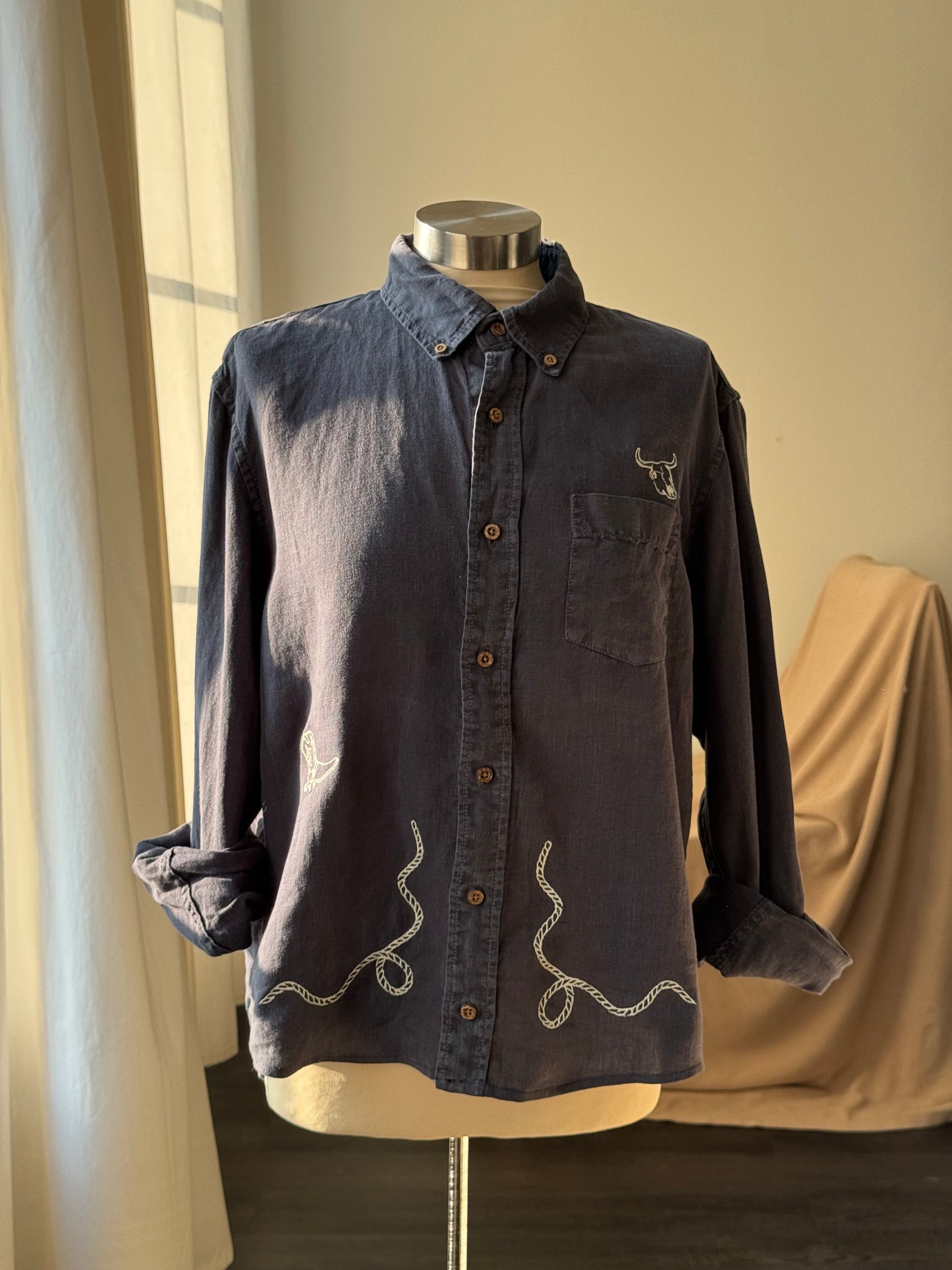Lawrence Handcrafted Sad Songs Linen Button Down In Vintage Navy