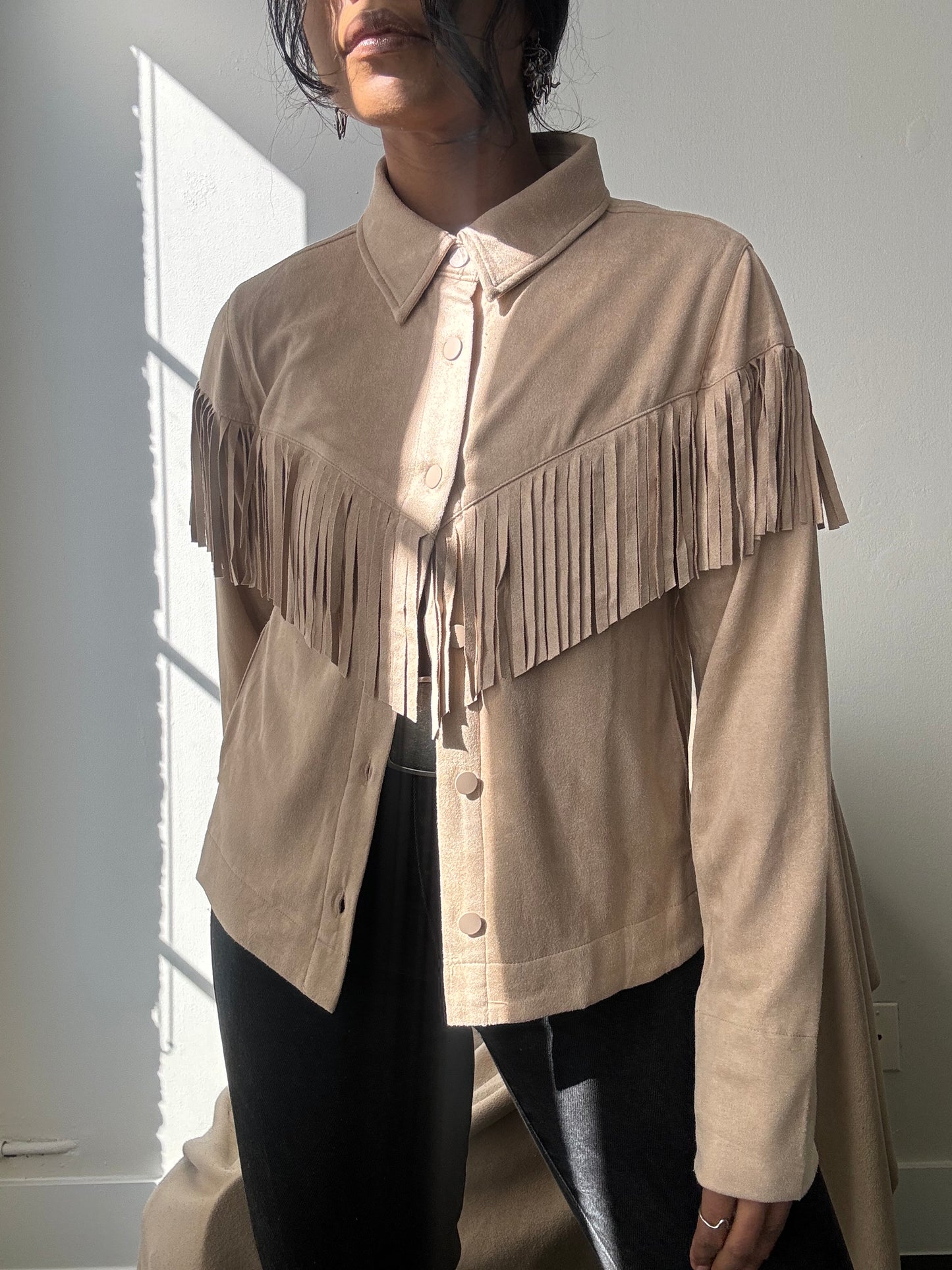 Brooks Cropped Fringe Suede Modern Western Shacket In Taupe