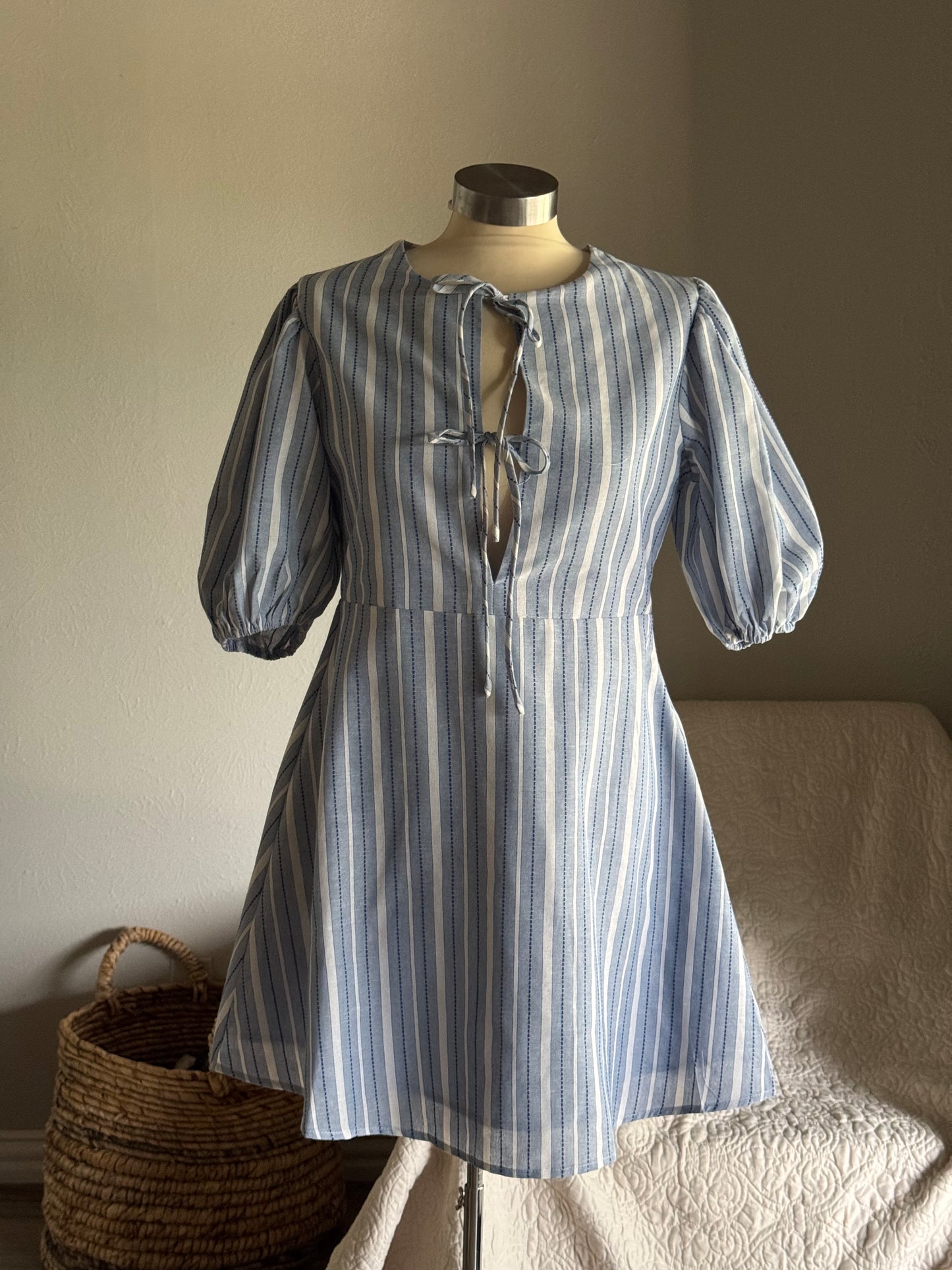 Patricia Cotton Striped Embroidered Tie Front Dress In Sky￼￼