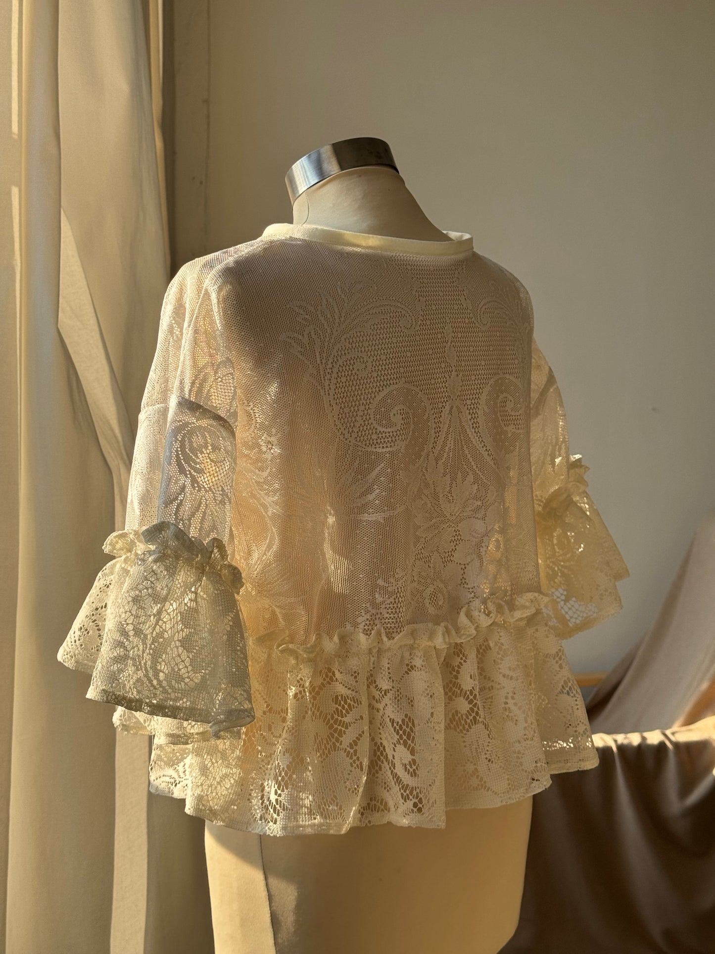 Eliza Two Tone Vintage Lace Handcrafted Ruffle Top In Ivory