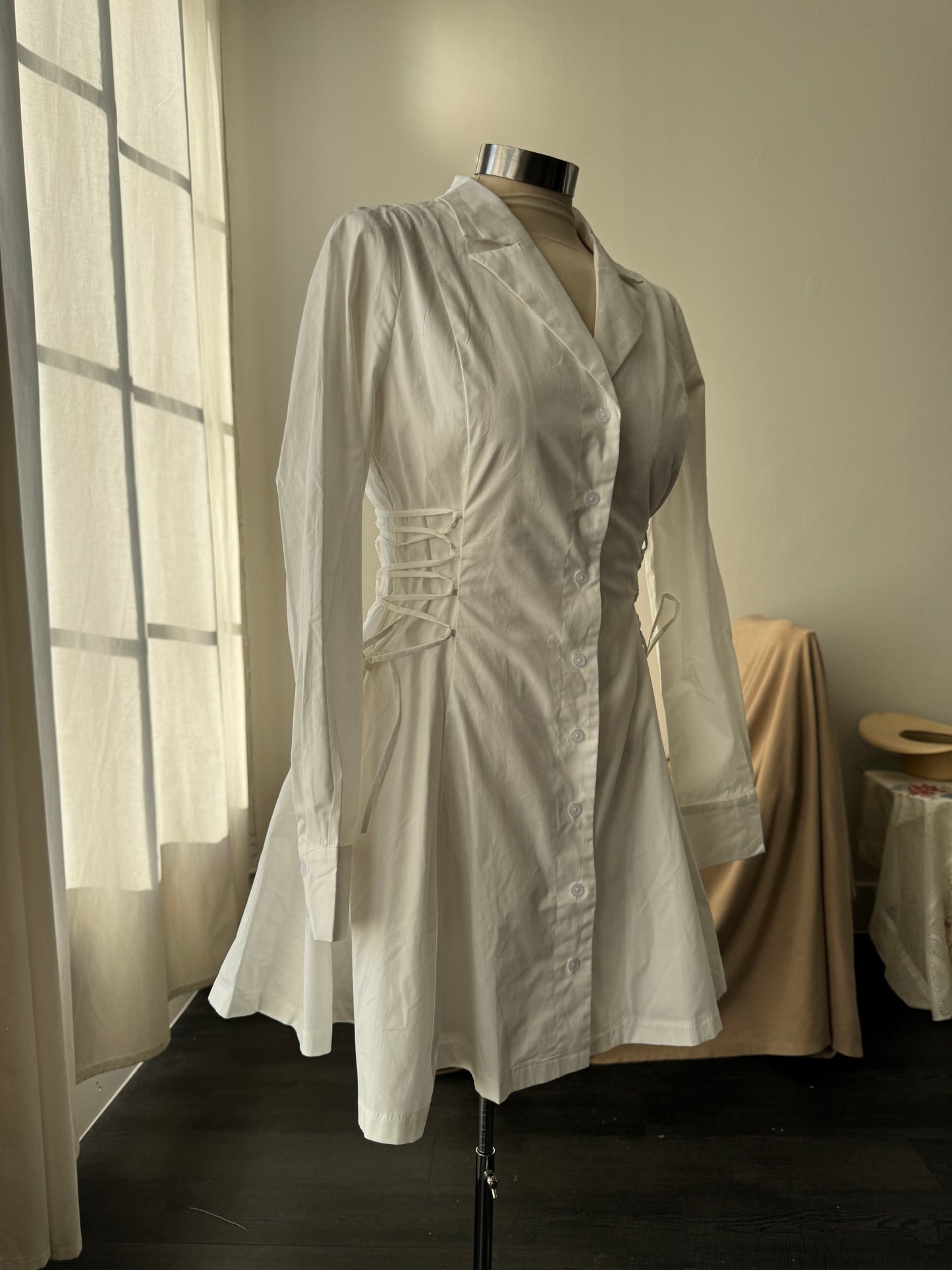 Loran Cotton Side Corset Button Down Long Sleeve Dress In White