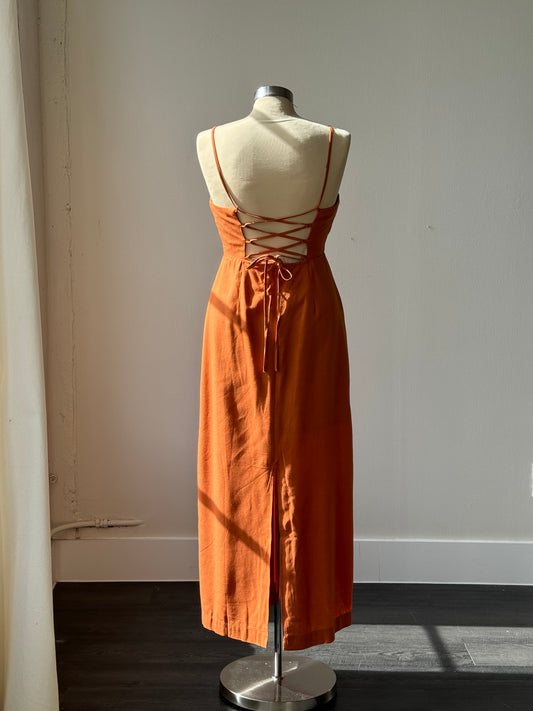 Renee Linen & Cotton Lace Up Back Maxi Dress In Rust