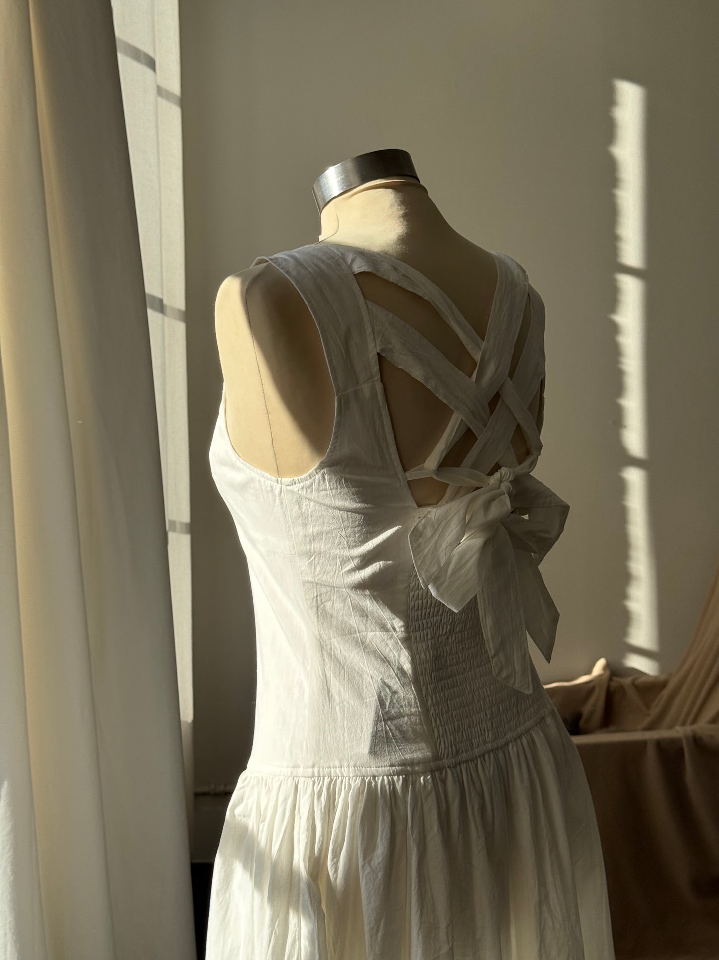 Costella Cotton Lace Up Back Midi Dress in Ivory