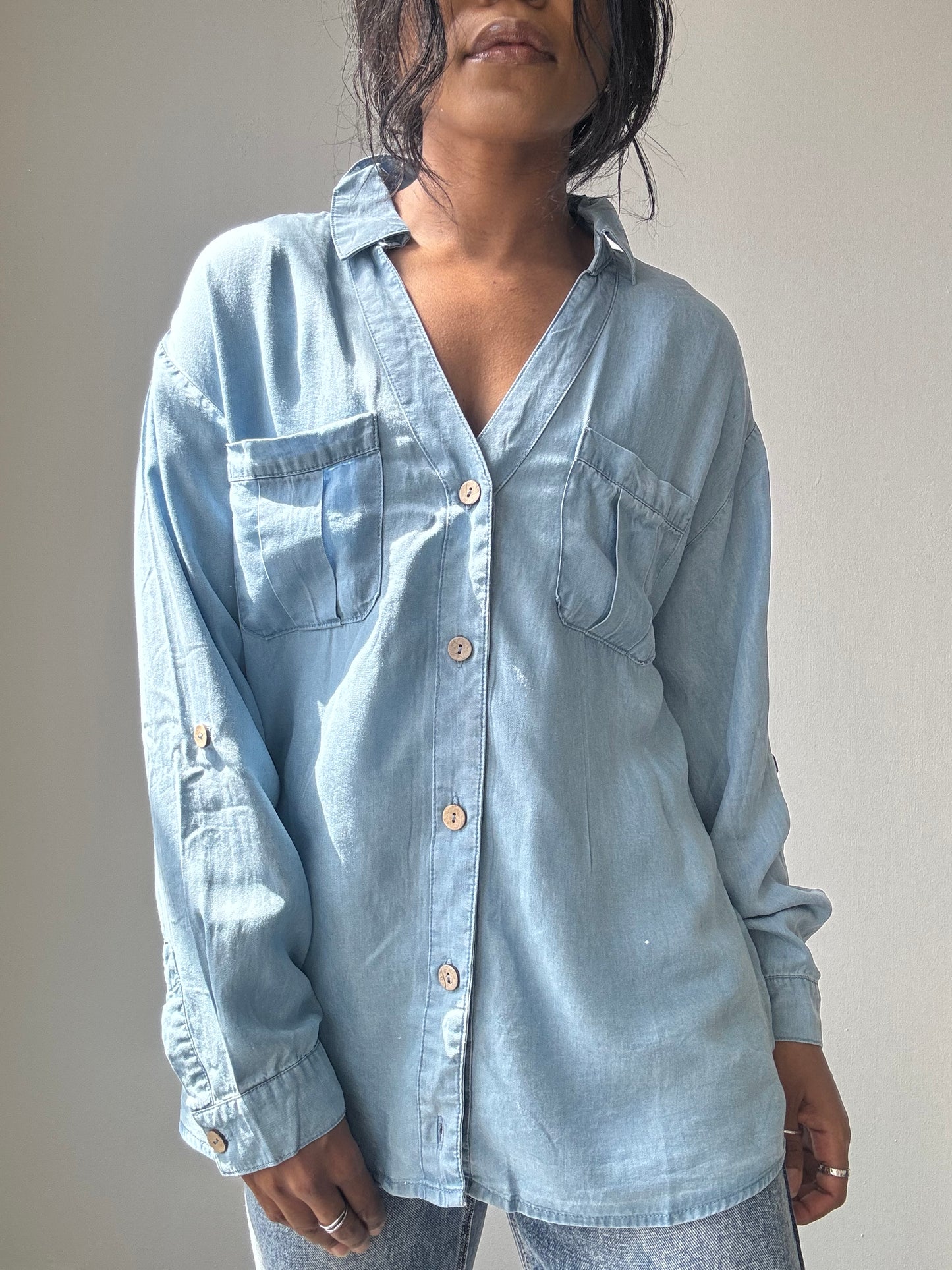 Jake Tencel & Cotton Button Down Shirt In Light Denim