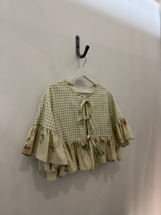 Joycie Vintage Handcrafted Gingham Floral Ruffle Top