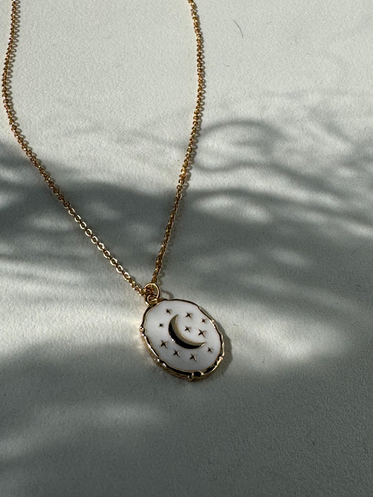 Organic Gold Rim Moon & Stars Necklace In Ivory Gold