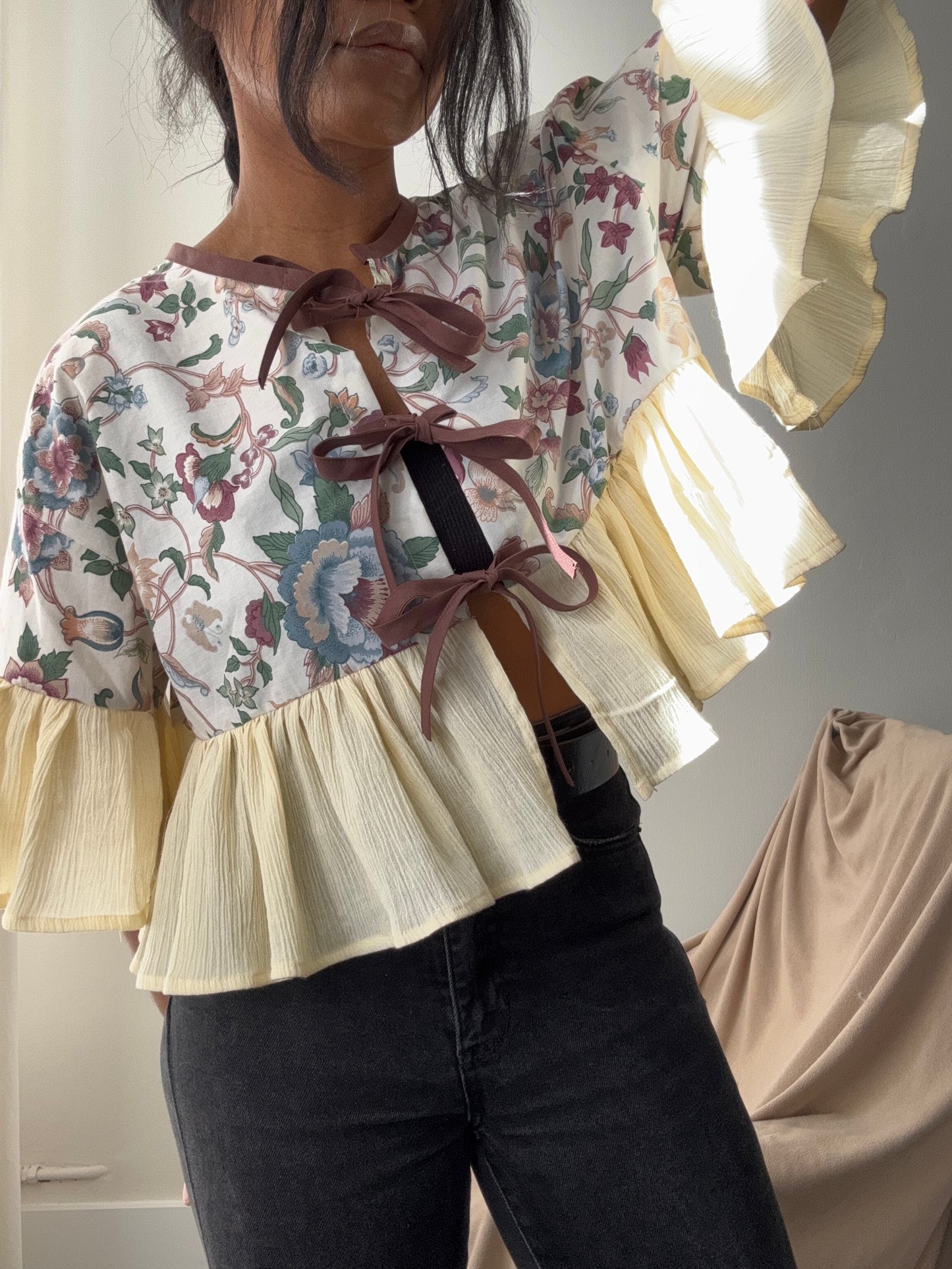 Joyce Cotton Handmade Floral & Ruffle Top In Vintage Cream