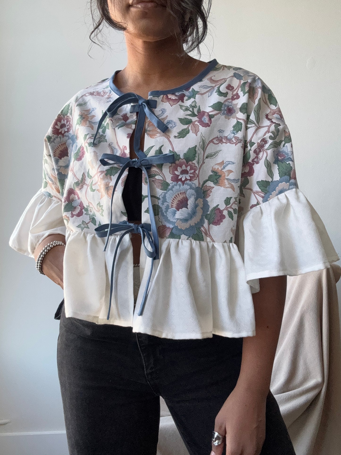 Joycie Vintage Cotton Handcrafted Ruffle Top In Midnight Vines