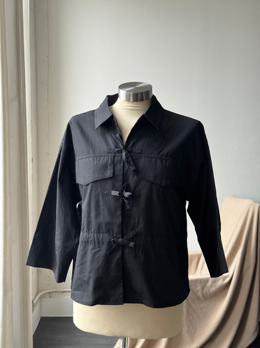 Robin Cotton 3/4 Sleeve Tie Front Top In Black