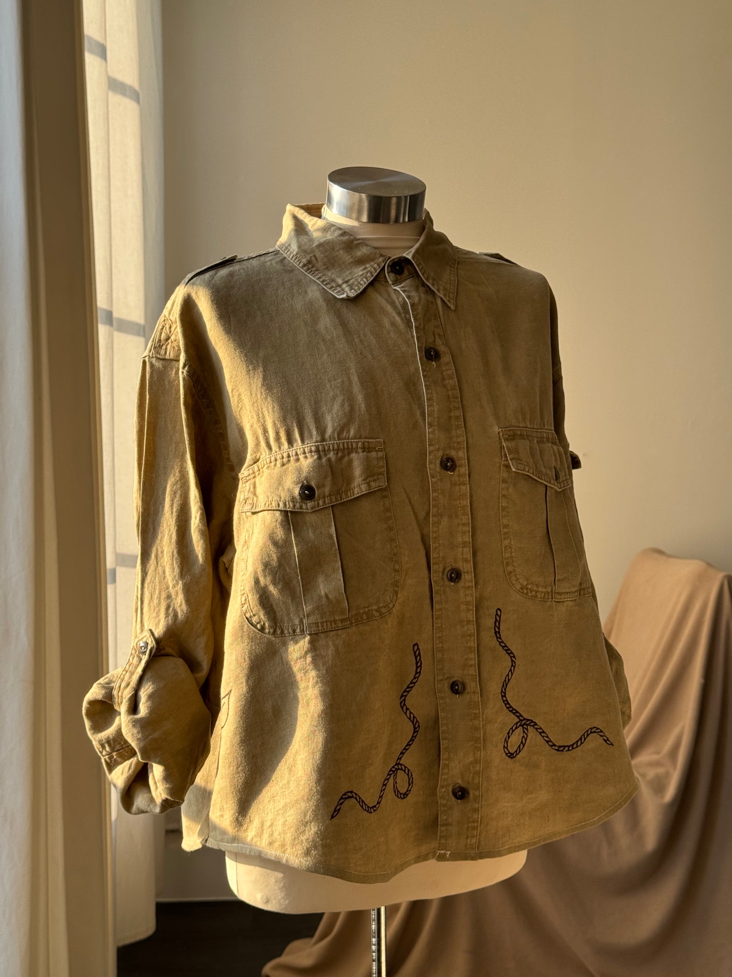The Lawrence Handcrafted Utility Cropped Linen Button Down Shacket In Sand