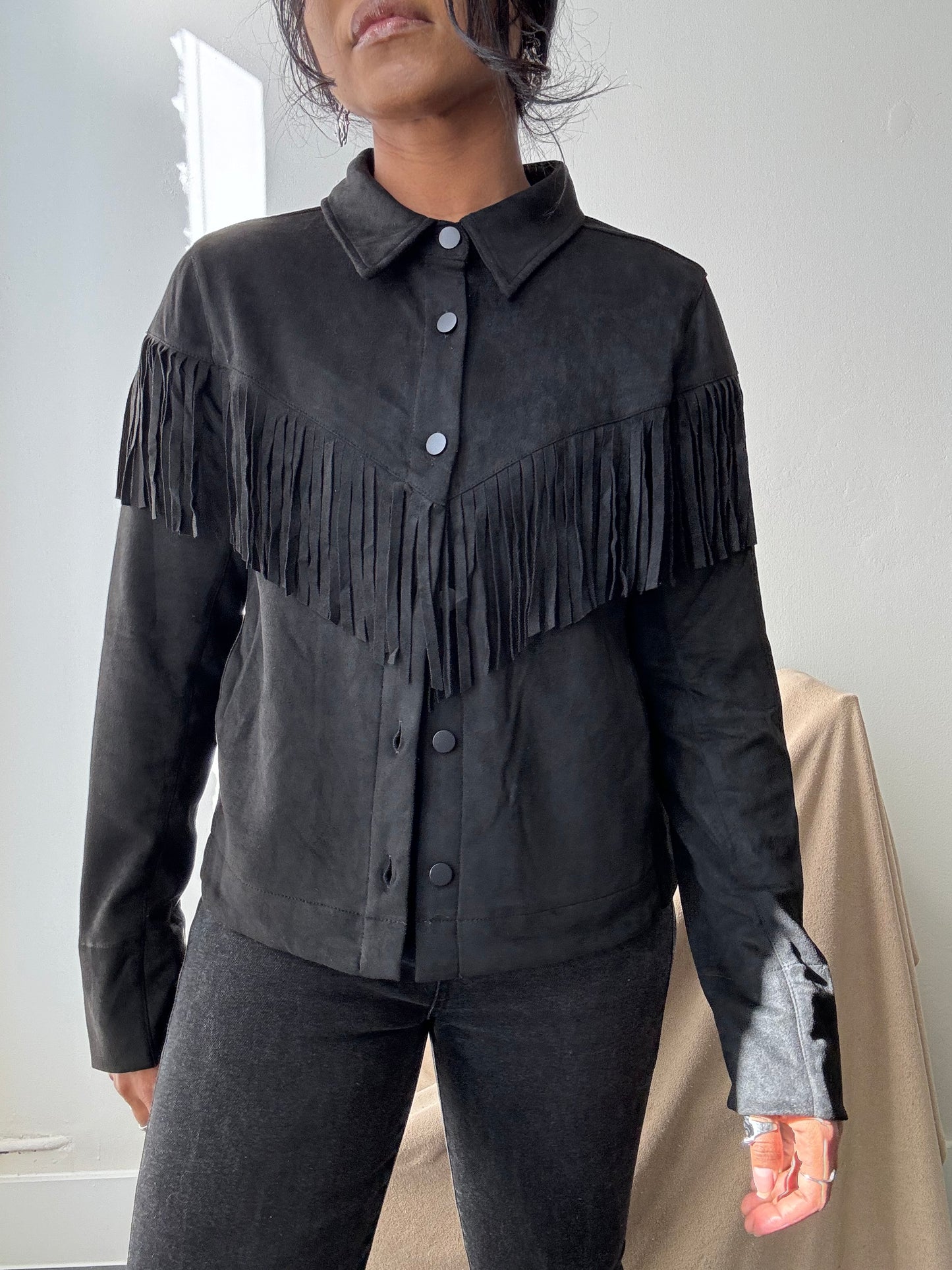 Brooks Cropped Fringe Suede Modern Western Shacket In Black