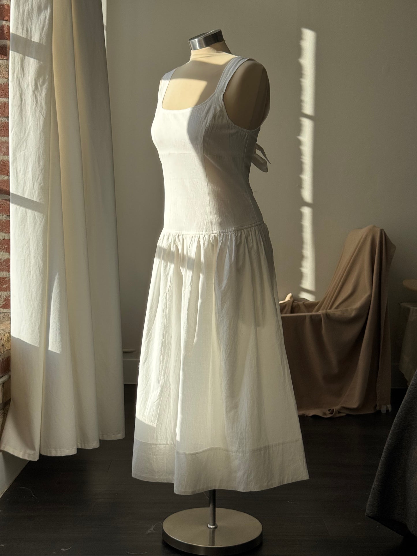 Costella Cotton Lace Up Back Midi Dress in Ivory