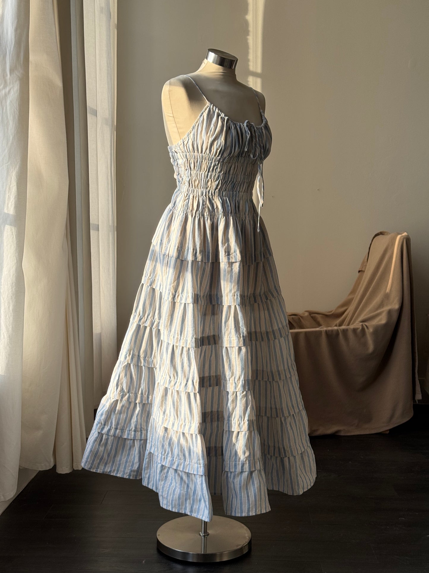 Laura Cotton Tiered Striped Midi Dress In Powder