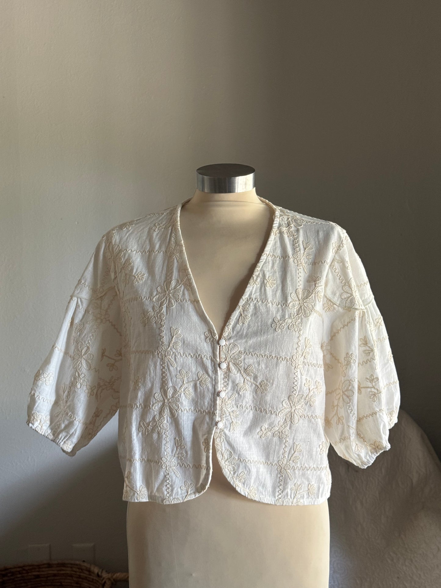 Melody Cotton Embroidered Button Front Top In Ivory