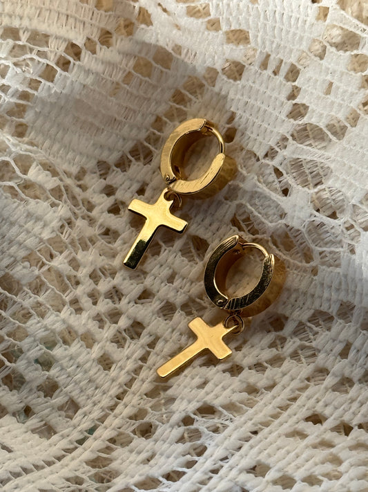 Grant 18k Stainless Steel Waterproof Hug Hoop Drop Cross Earring In Gold￼