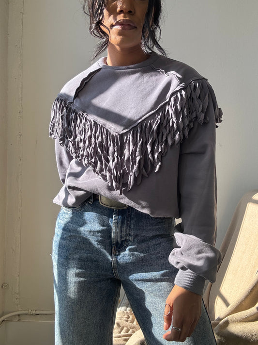 Kalon Cotton Crewneck Western Style Fringe Pullover In Charcoal