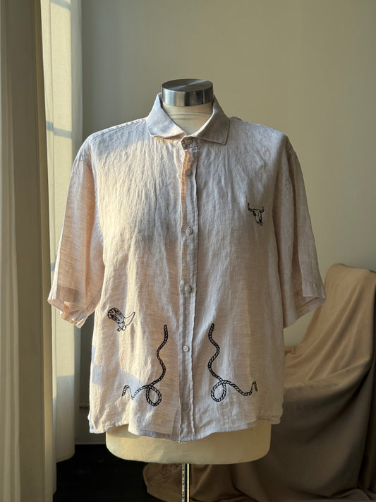 Judy Handcrafted Sad Songs Cropped Linen Button Down Short Sleeve In Natural