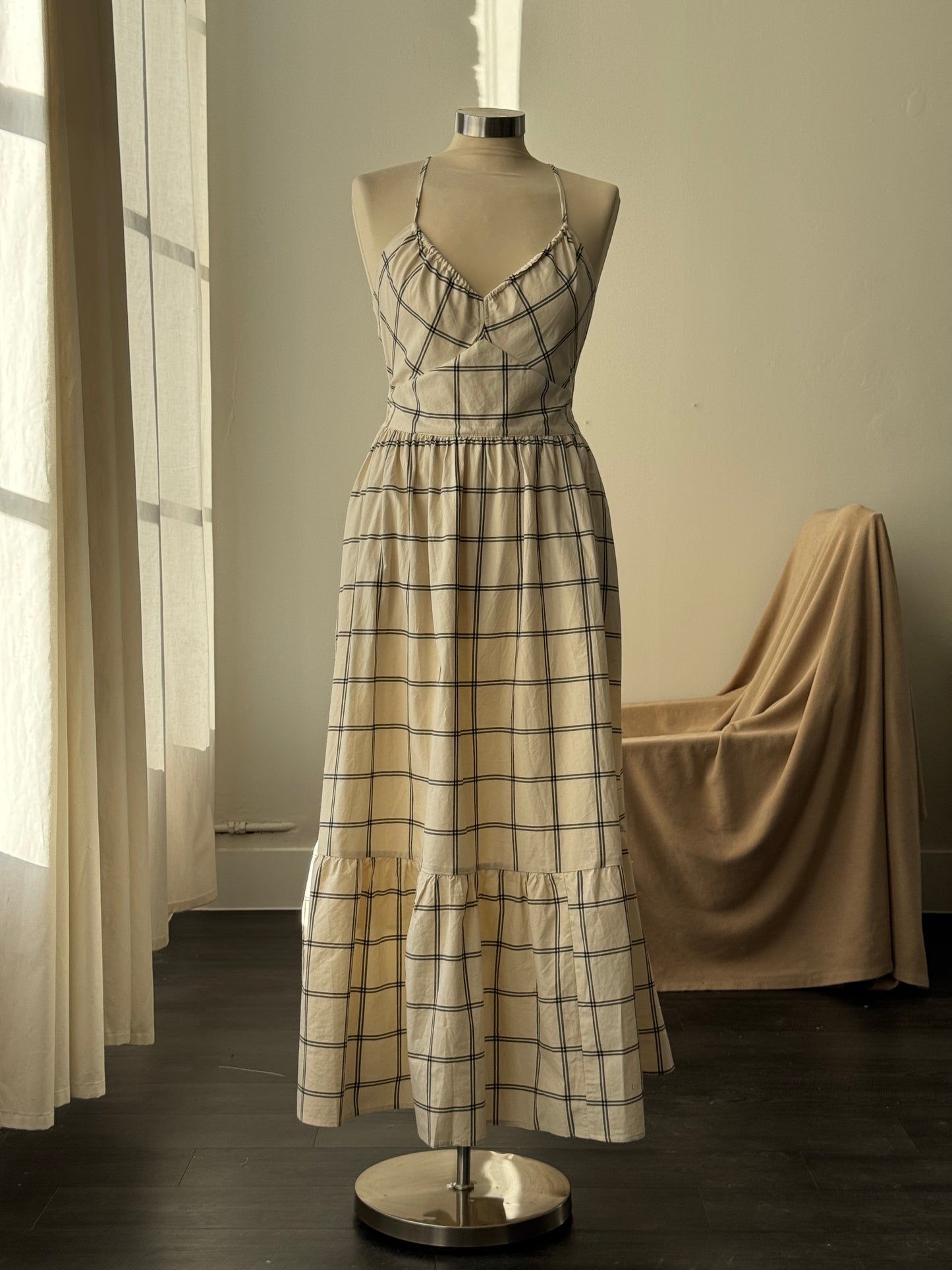 Lydia Cotton Plaid Maxi Dress In Cream￼