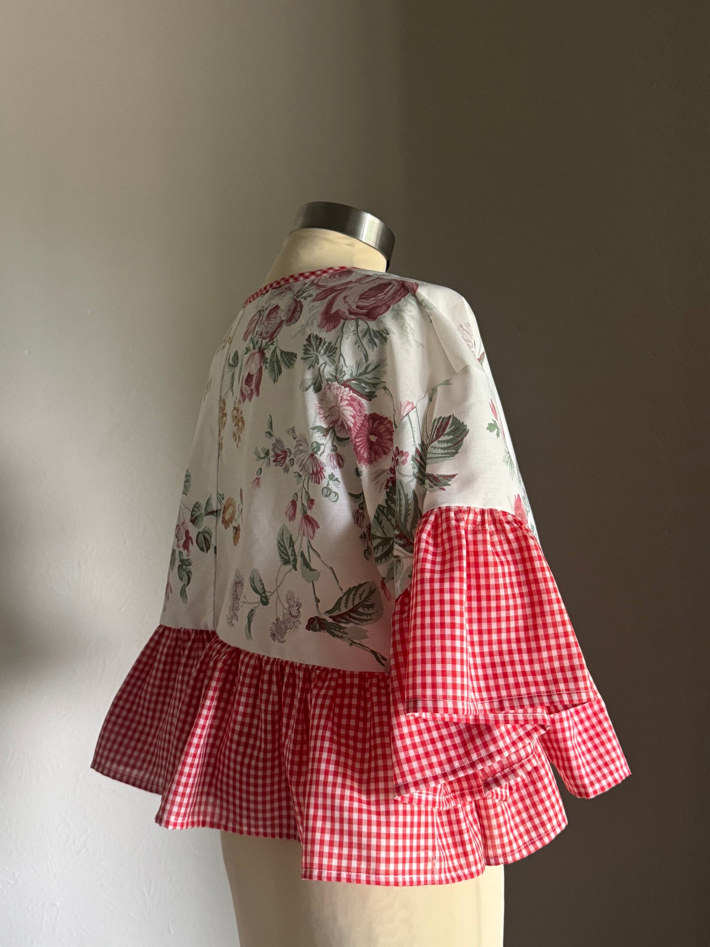 Joycie Vintage Handcrafted Gingham Floral Ruffle Top