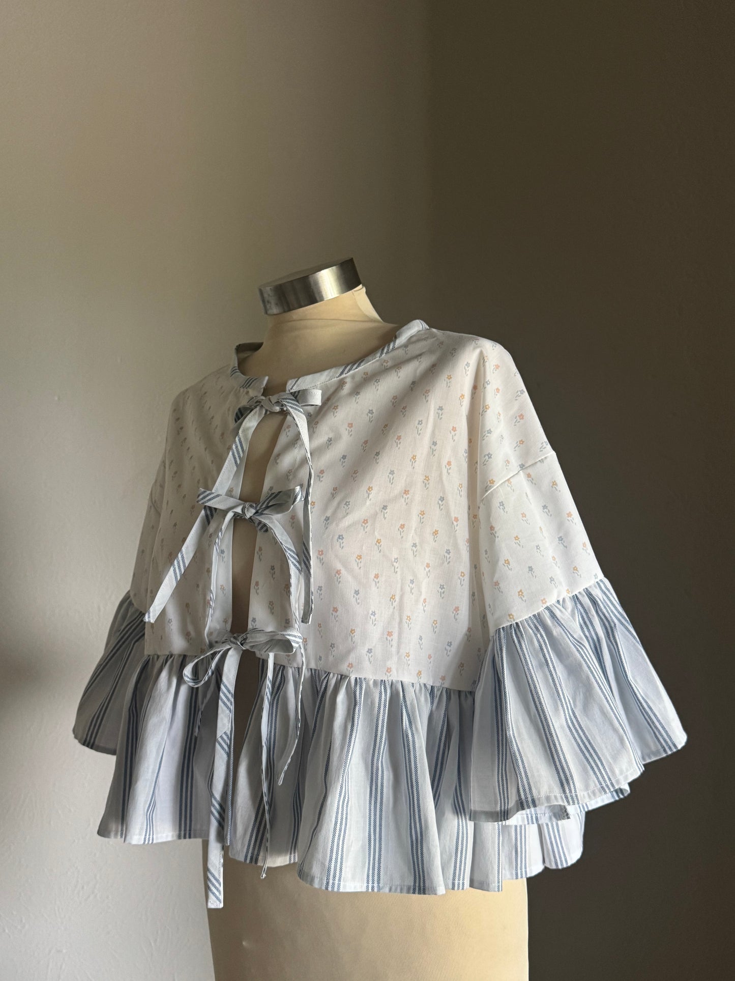 Joycie Vintage Handcrafted Striped Floral Ruffle Top