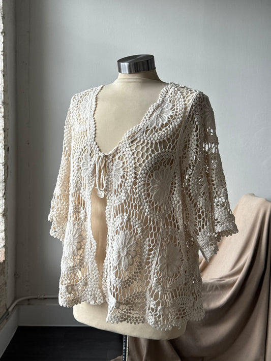 Marcella Cotton Crochet Tie Front Top In Natural