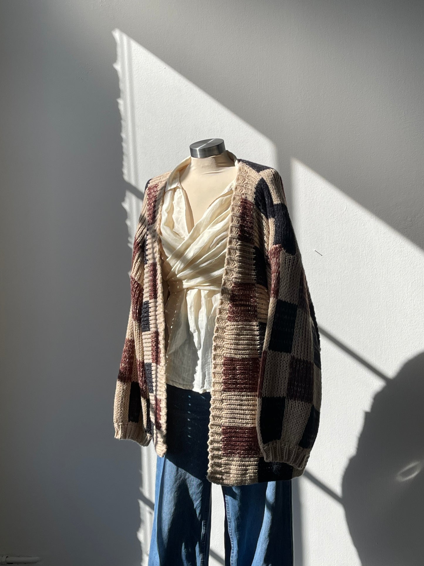 Dylan Oversized Check Open Front Sweater In Mocha ￼