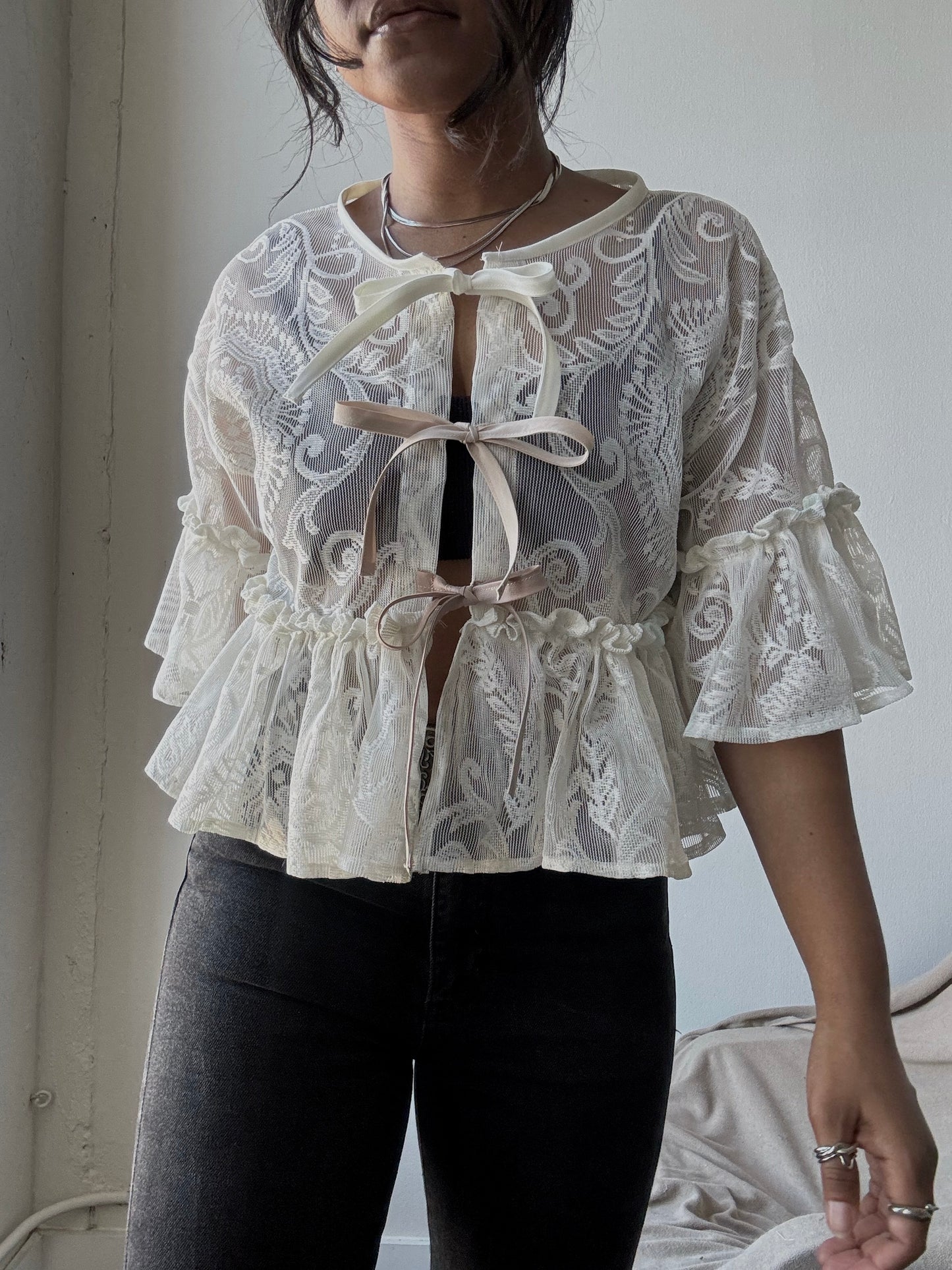 Eliza Vintage Lace Handcrafted Ruffle Top In Napoleon Cream
