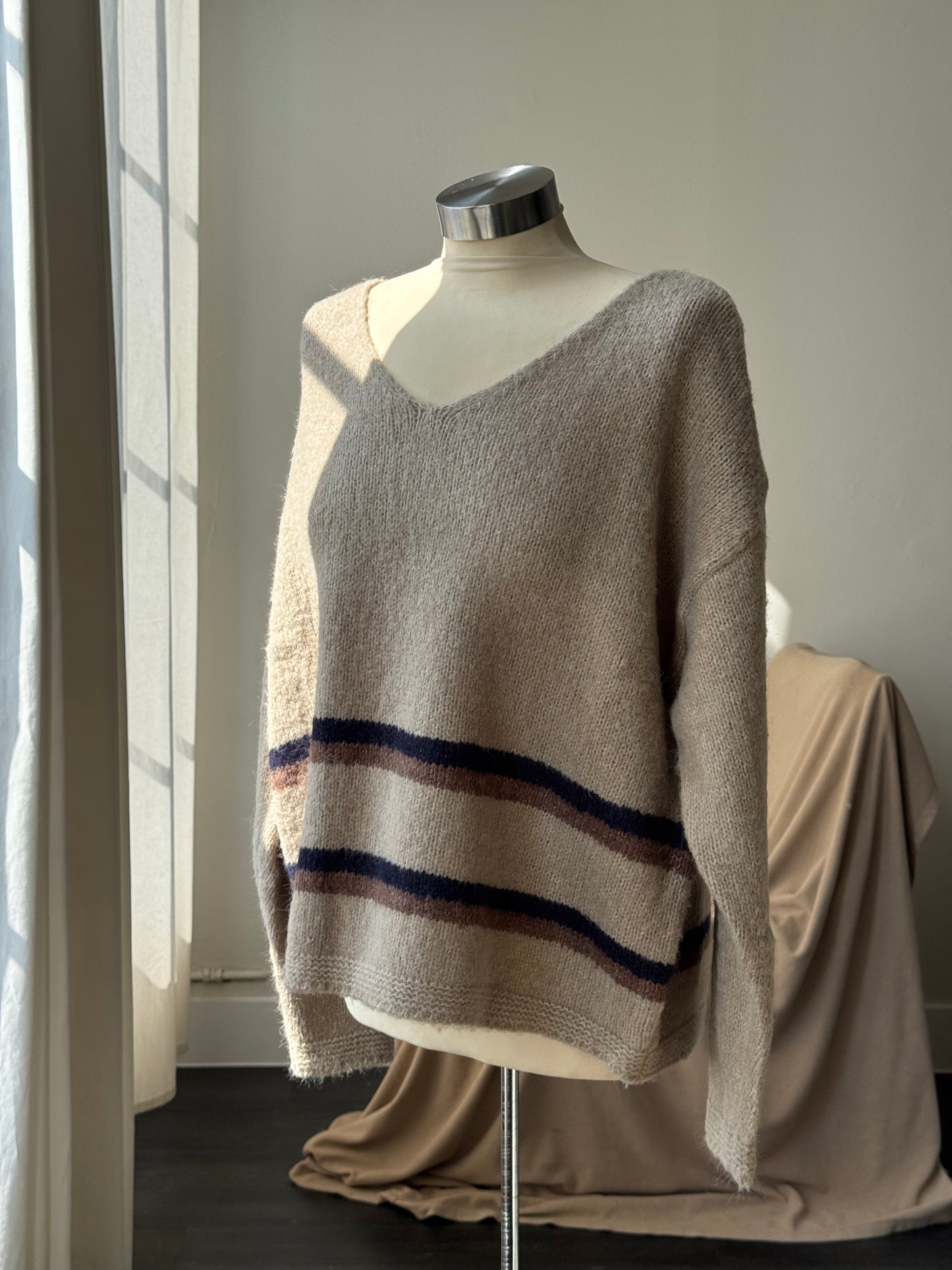 Nora V Neck Striped Pullover Sweater In Taupe￼￼