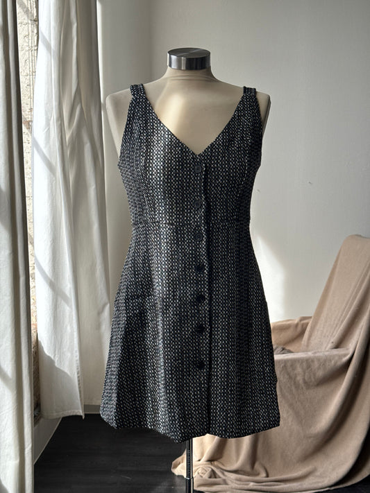 Braxton Classic Tweed 90s Style V Neck Mini Dress In Black