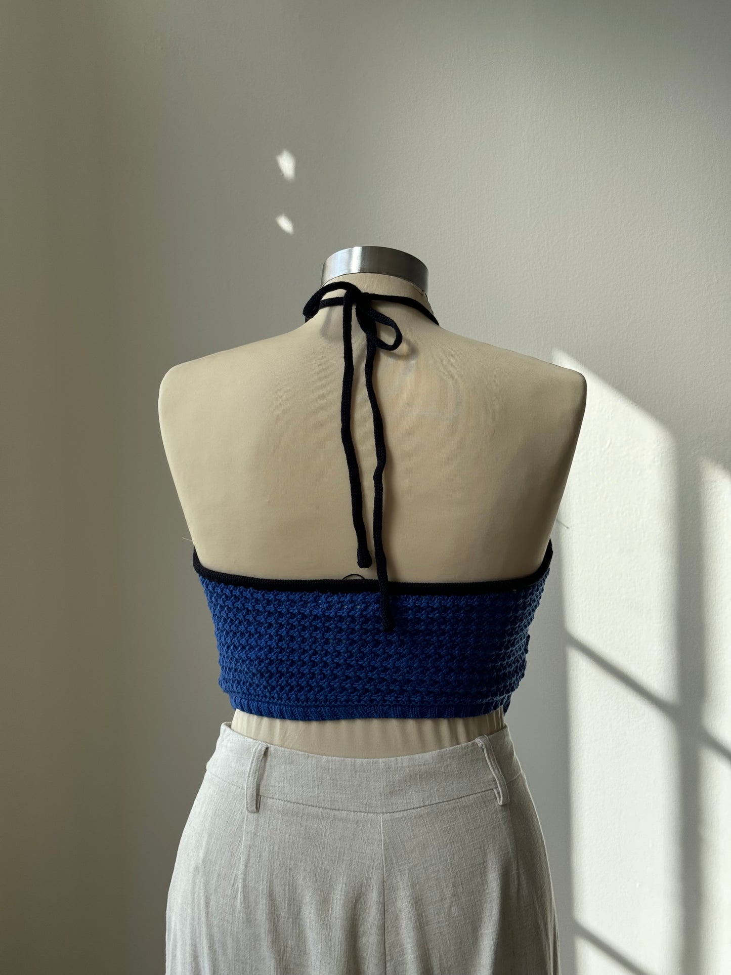 Billie Cotton Crochet Wave Halter Open Back Top In Cobalt Blue