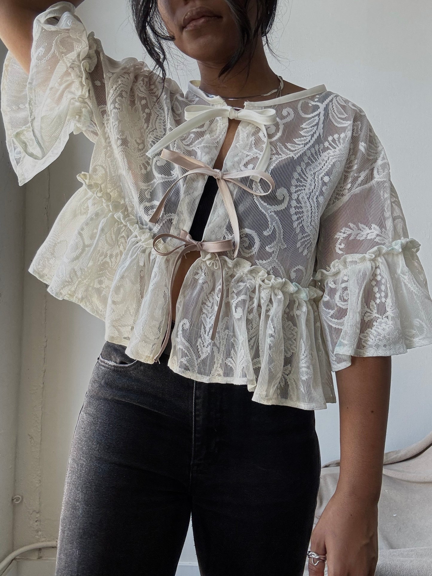 Eliza Vintage Lace Handcrafted Ruffle Top In Napoleon Cream
