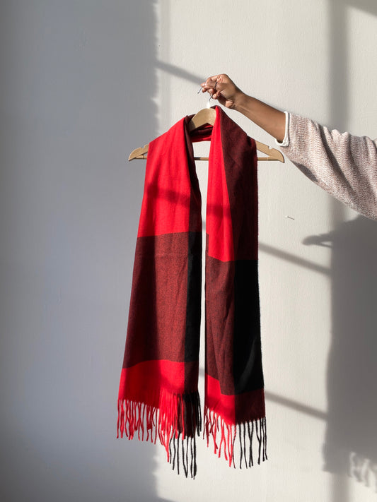 K.A. Jumbo Check Fringe Scarf In Fire Red