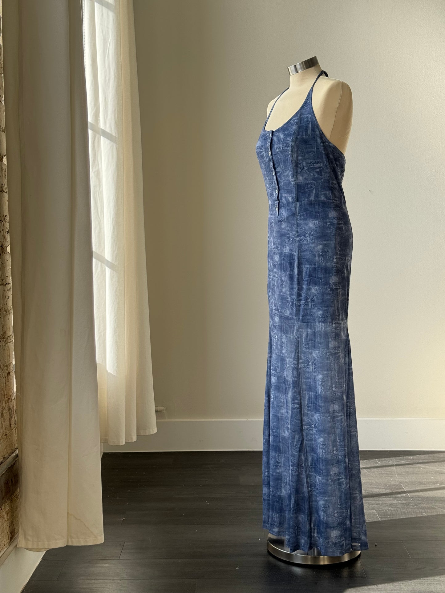 Dally Denim Jean Print Sheer Maxi Dress In Indigo