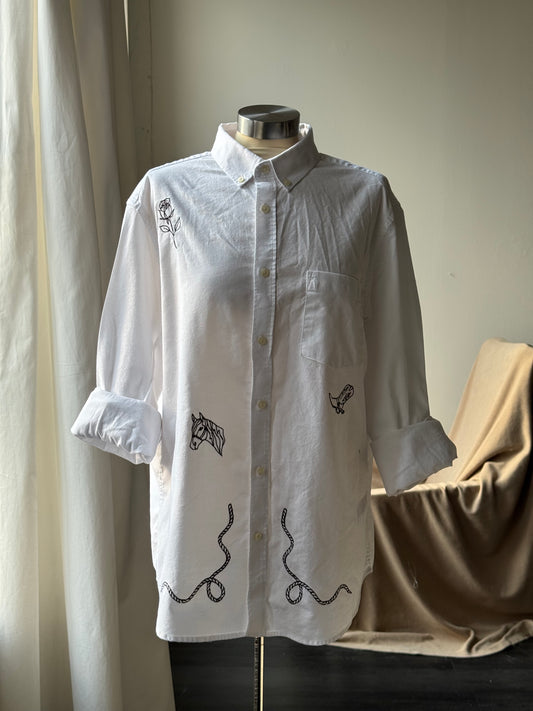 The Jaxson Handcrafted Chocolate Brown Embroidered Button Down In White