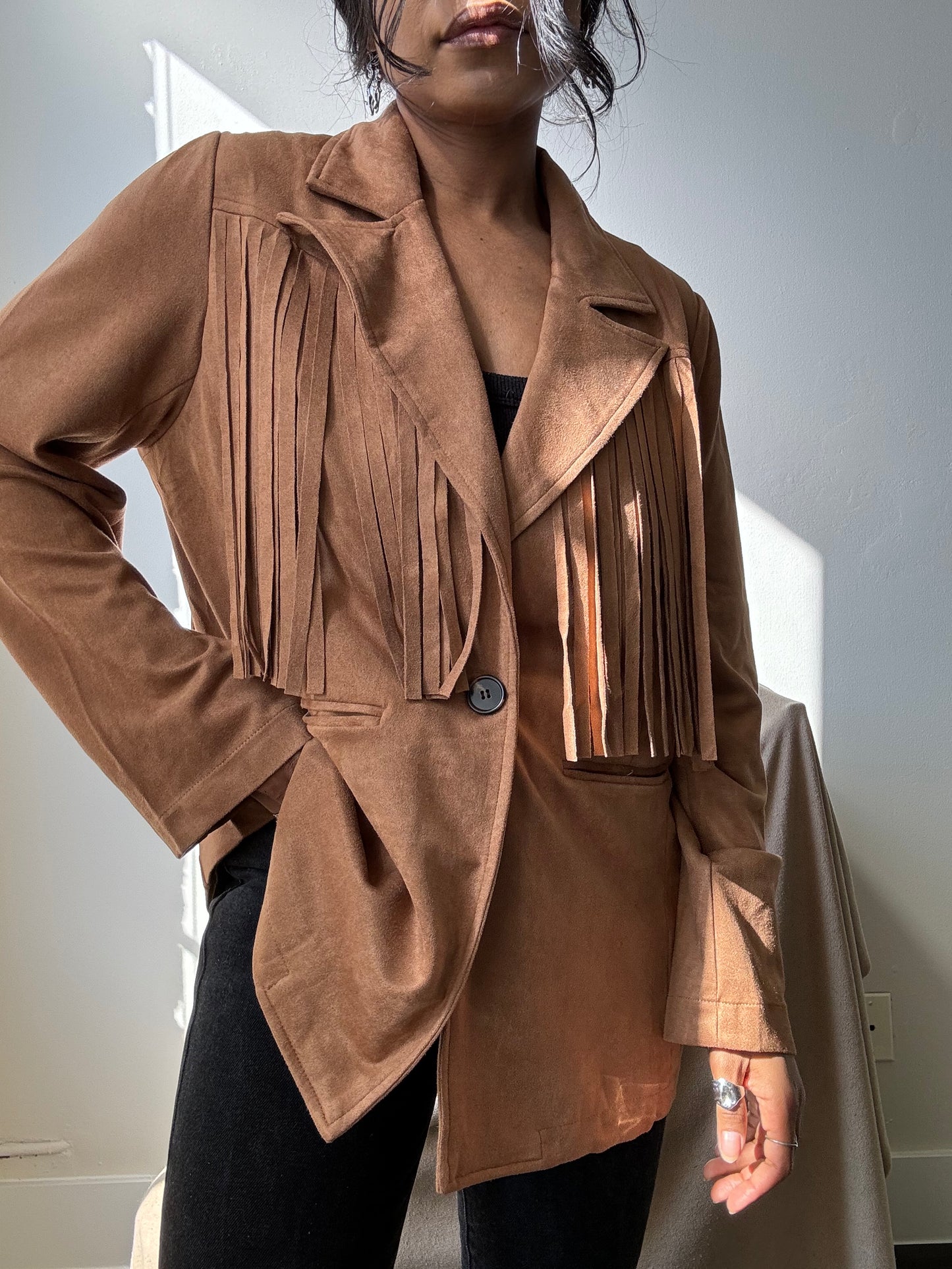 Booker Fringe Suede Modern Western Blazer In Camel