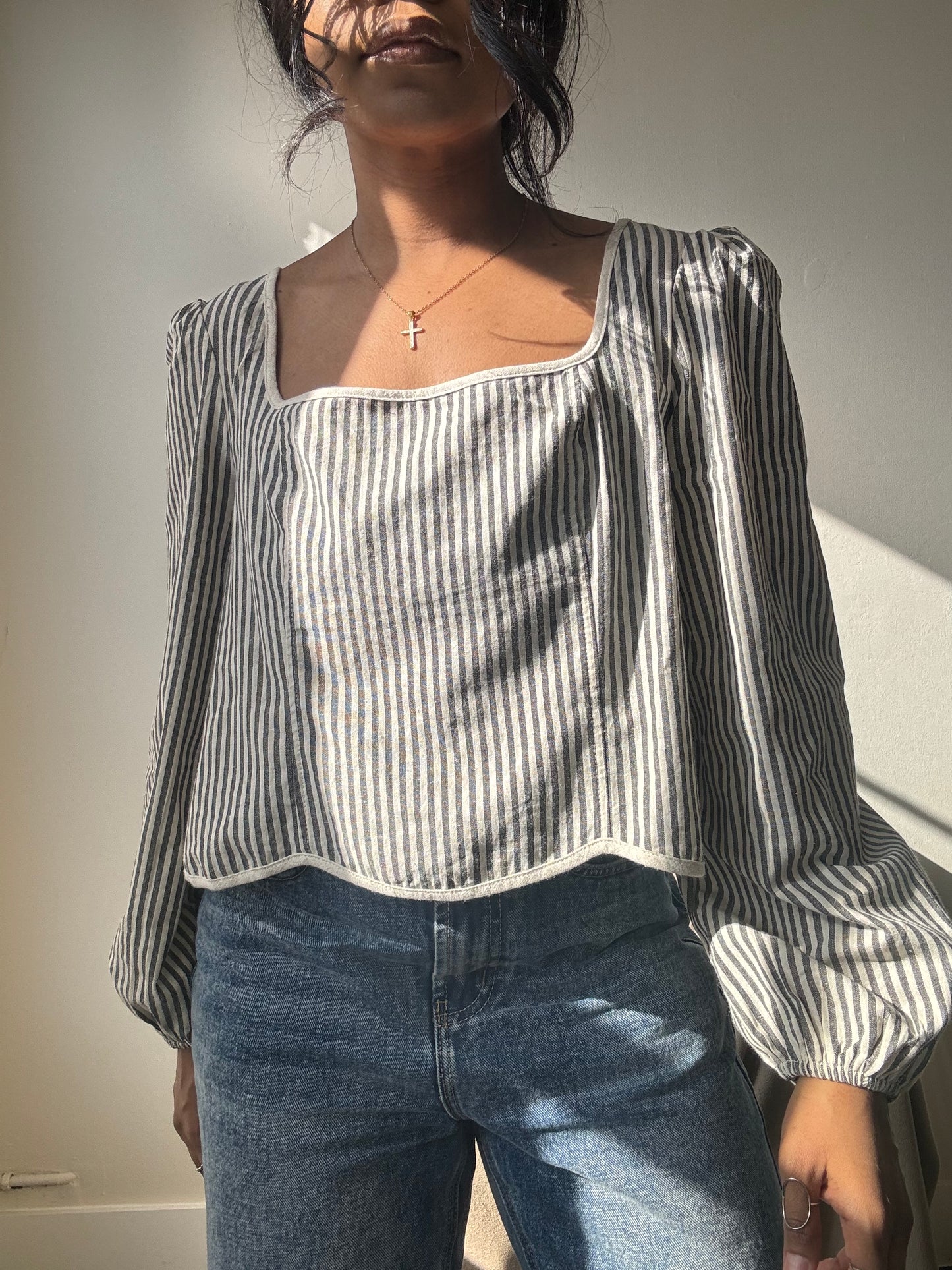 Marcella Cotton Button Back Striped Crop Top In Charcoal